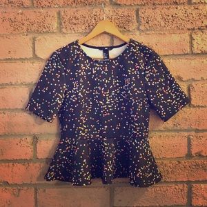 NWOT Navy Peplum Top with Color Polka Dots